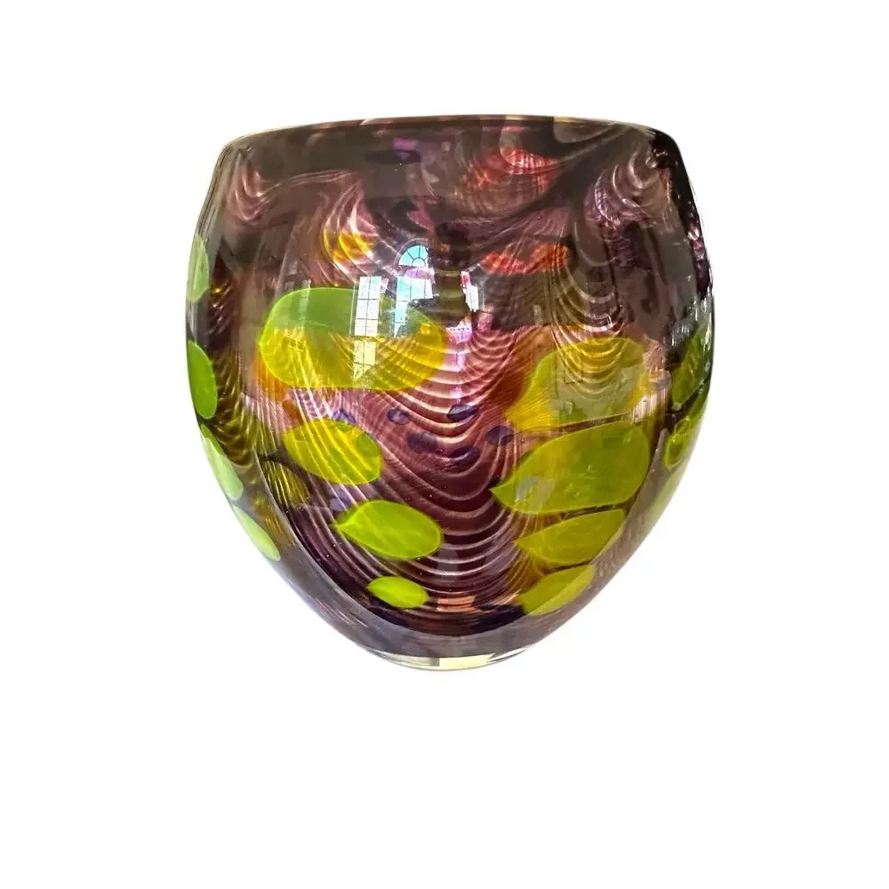 Heavy Handmade Art Glass Vase Green Dots Purple Swirls & Yellow 7.5” x 7”